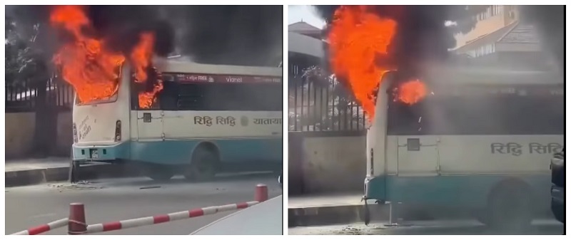 त्रिपुरेश्वरमा आगो लागेको बसका चालकको ज्यान गयो